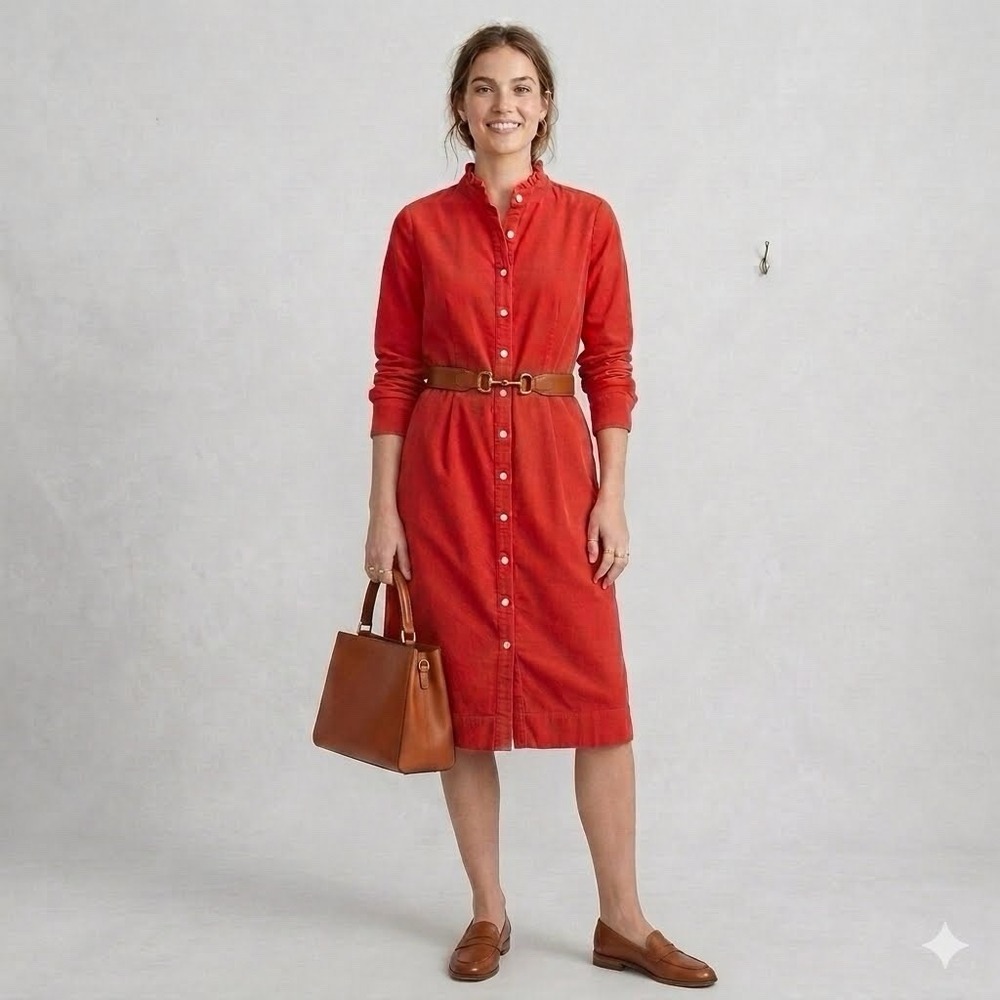 J. Crew Corduroy Dress Sz 6 Ruffle Collar Orange Casual Country Chic 100% Cotton